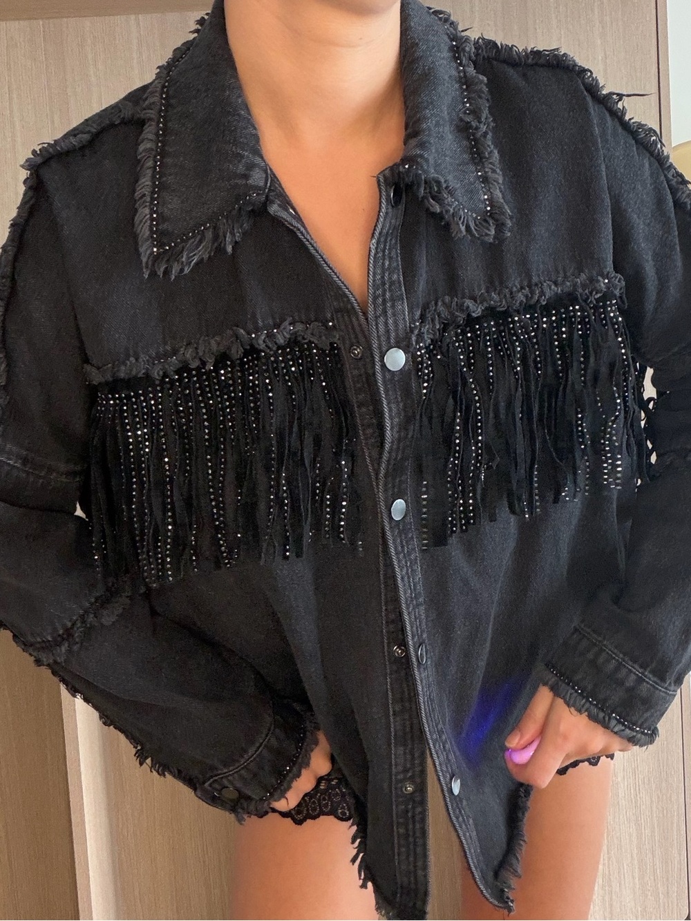 Zara Black Fringe Studded Denim Jacket